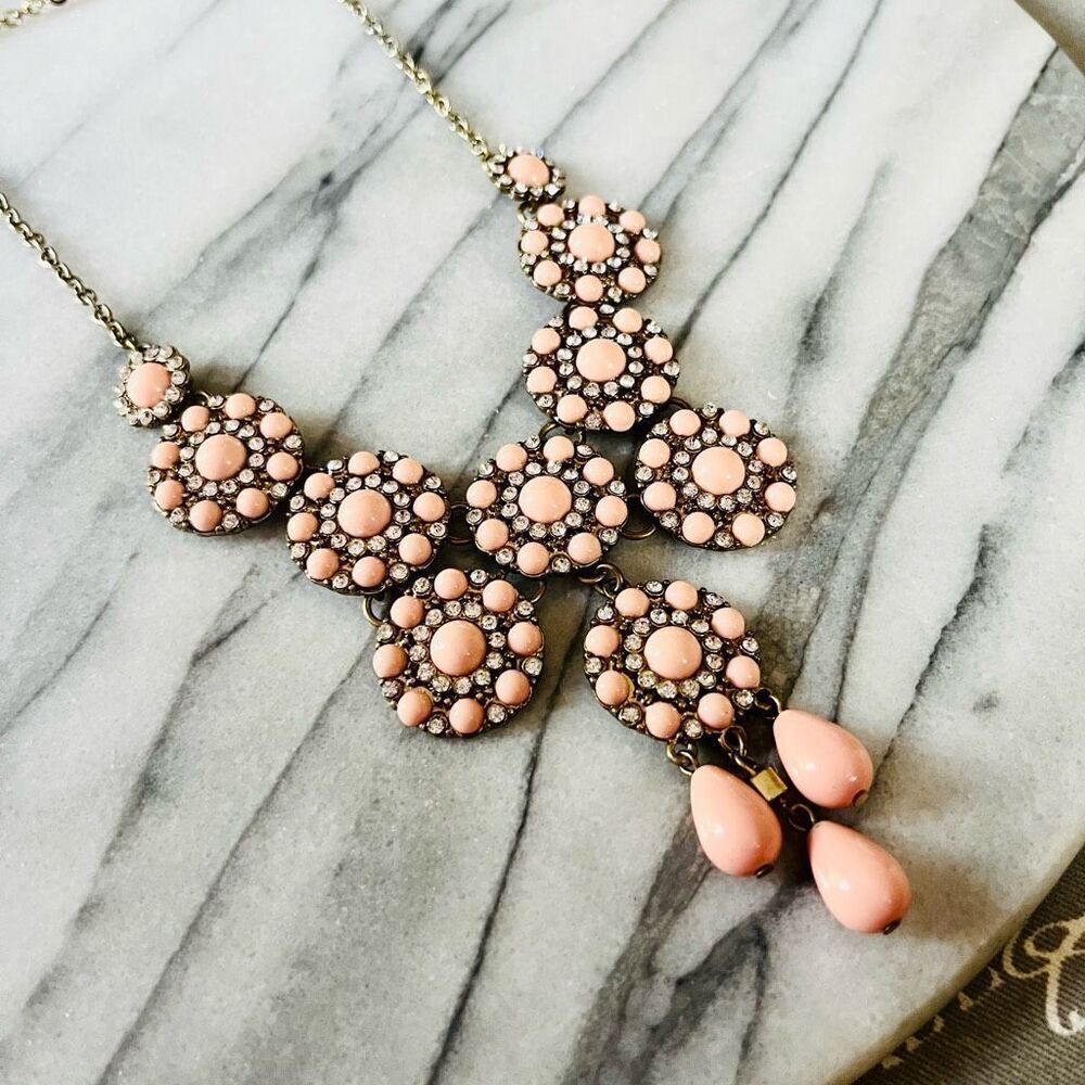 Pink Statement Necklace Antique Gold Toned Chain Bib Round Ornate Style - Picture 3 of 8